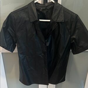 Black Leather Short Sleeve Button-Up Shirt
